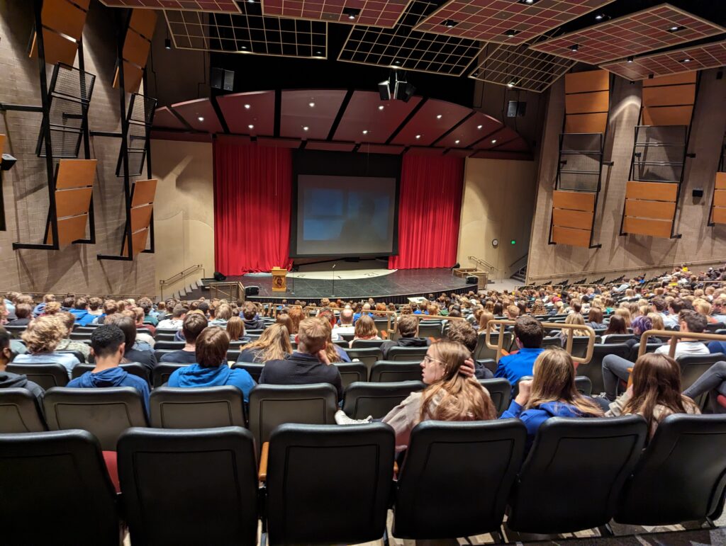 Juniors and Seniors gathered in the Auditorium after the Mock Crash scenario outside in order to hear from the County Attorney Brian Lutes and the Gapinski family who shared their story of losing their son to impaired driving.